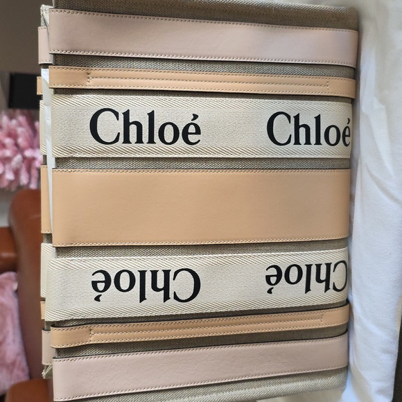 NWT Chloe Pink Woody Medium Linen Tote Bag - Picture 2 of 8